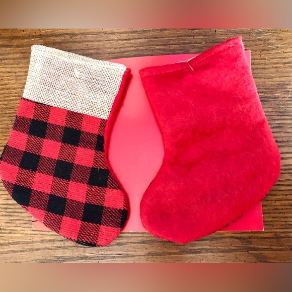 Christmas Red Black White Check Flannel and Burlap Mini Stocking Ornaments Set 4 - Picture 2 of 2